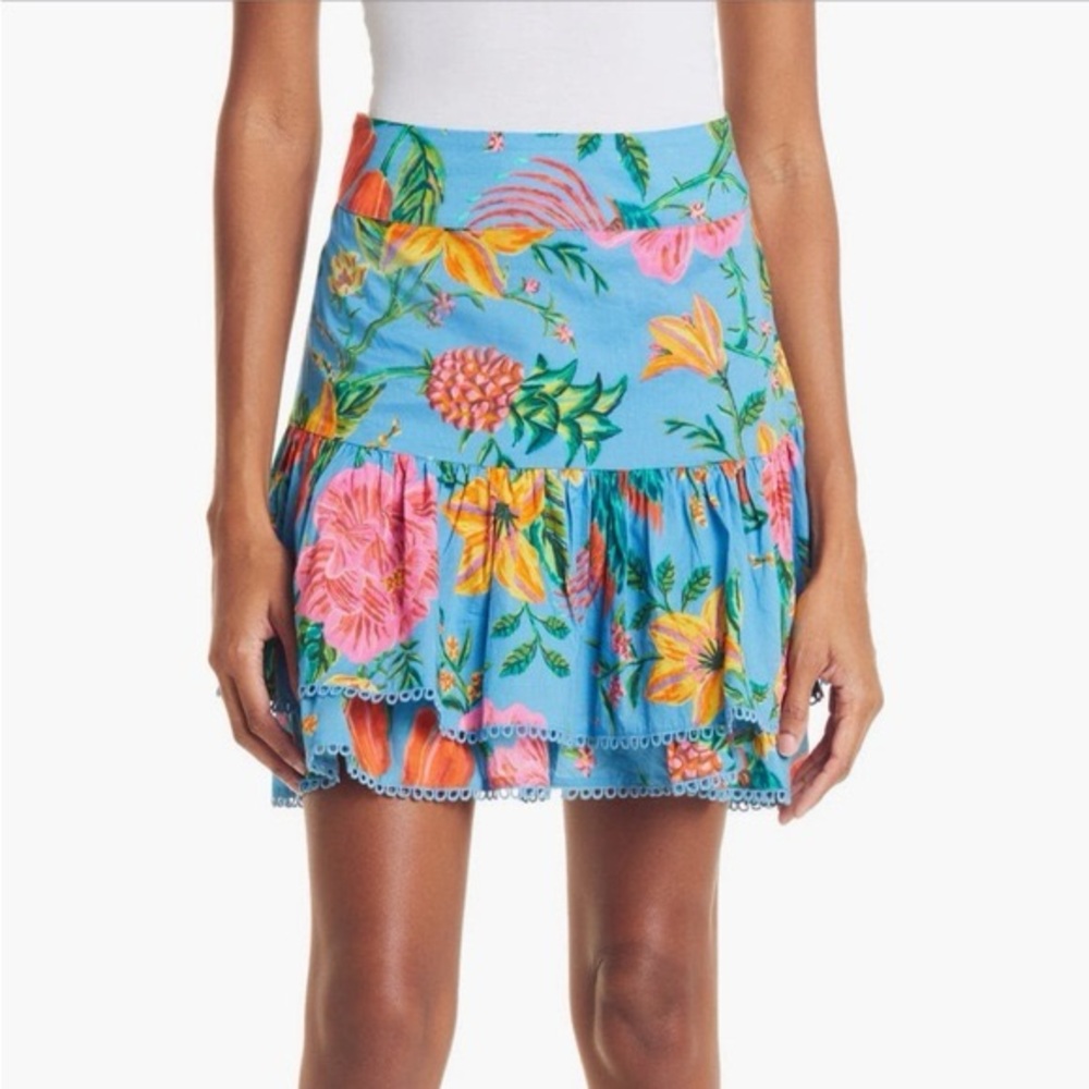 Farm Rio Blue Toucans Garden Tiered Cotton Mini Skirt Small